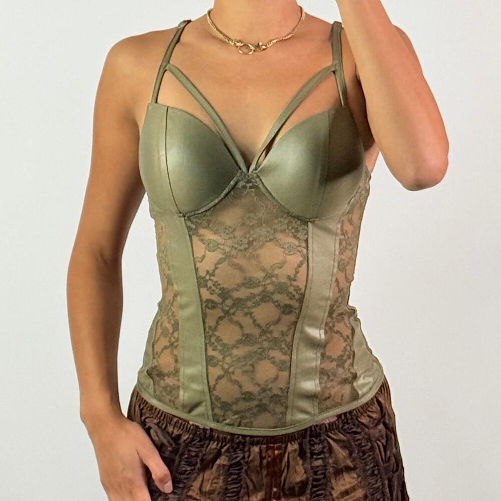 Green Lace and Faux Leather Top